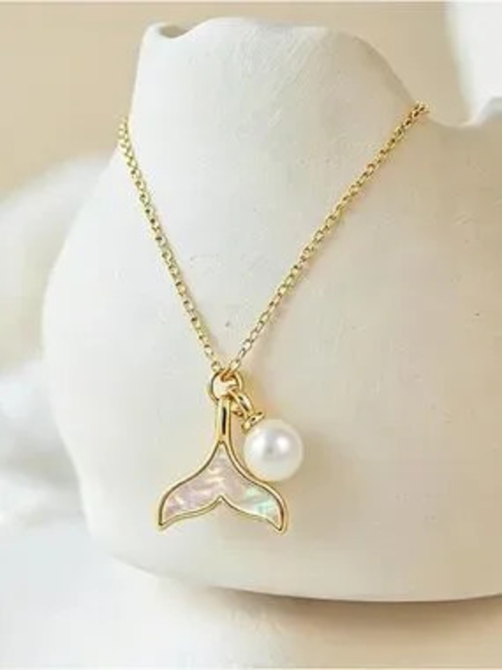 Gold Color Mermaid Tail Pearl Pendant Necklace - Women Jewelry